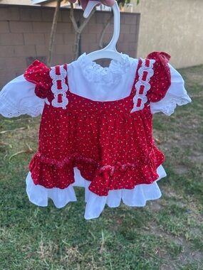 Vintage Red and White Floral Eyelet Infant Dress